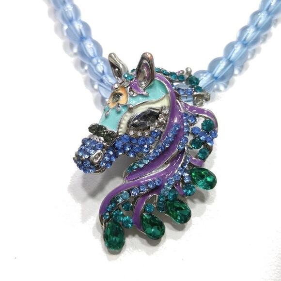 Vintage Rhinestone Enamel Horse Pendant Necklace Light Blue Beads 20 Inches - Picture 2 of 8